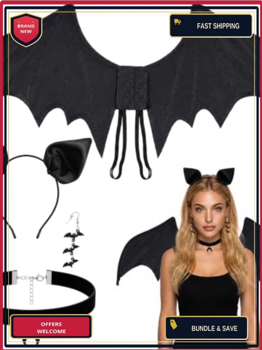 4 Pc Bat Wing Set Halloween Costume Accessories Wings Headband Earrings Choker